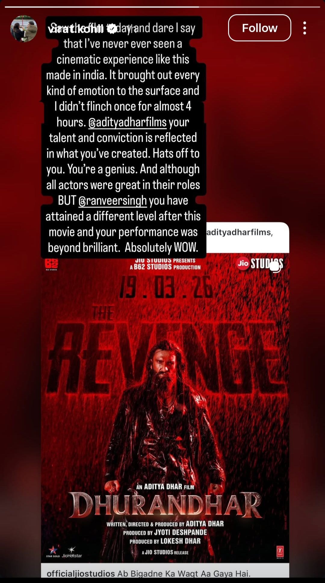 Virat kohali Dhurandhar 2 Review 