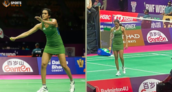 PV Sindhu celebrates after defeating Sophia Noble