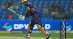 andre russell of abu dhabi knight riders plays a shot during match 19 of the dp world ilt20 between the abu dhabi knight riders and the gulf giants