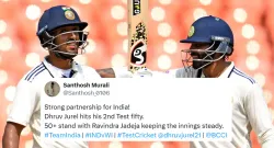 netizen appreciate ravindra jadeja and dhruv jurel for their solid stand in first test vs wi sportstiger