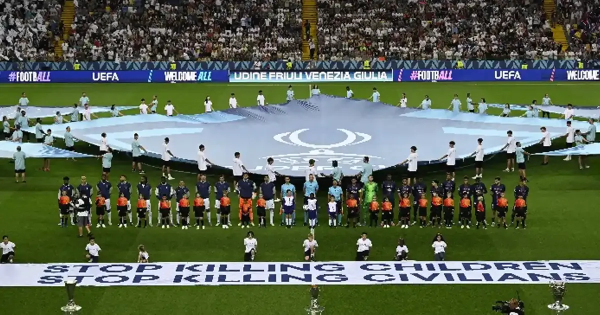 UEFA Displays Stop Killing Children Stop Killing Civilians Banner UEFA Displays Stop Killing Children Stop Killing Civilians Banner